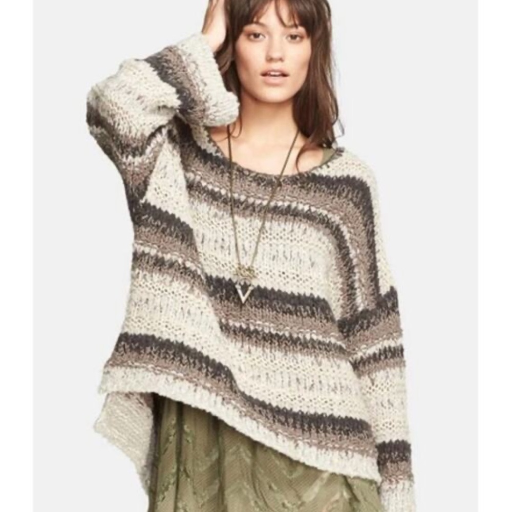 Free People | Women's Brown/Cream Striped Loose Knit Oversized Sweater Size M